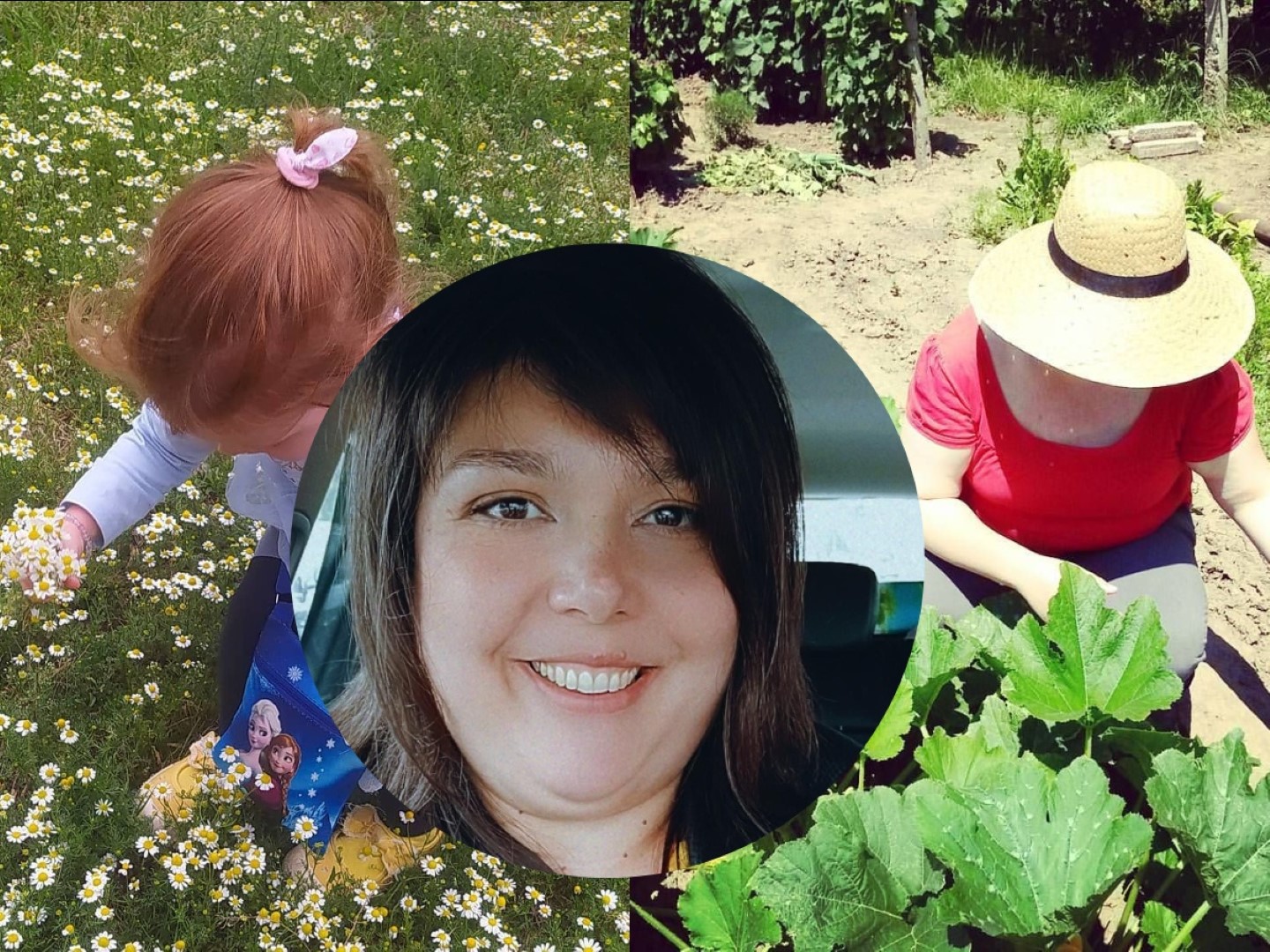 a collage of 3 images with nadezhda and her daughter doing gardening