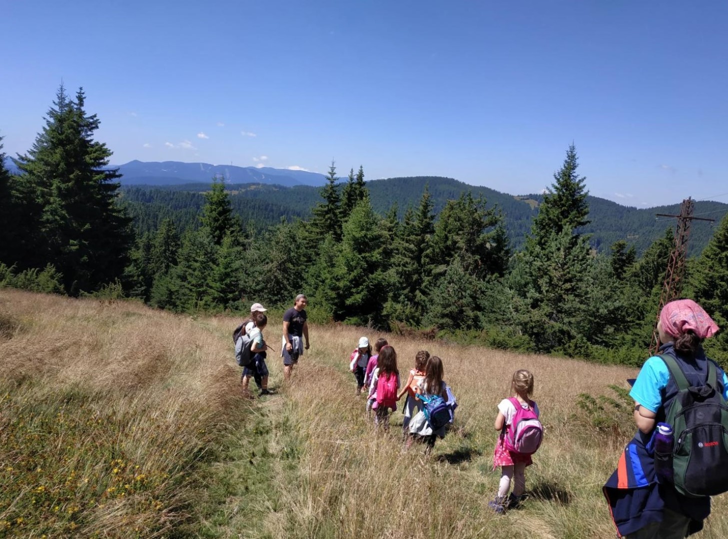 a landscape with a group of kids and two adults