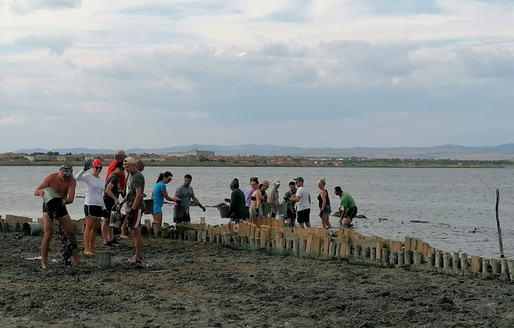 A chain of volunteers working on an island